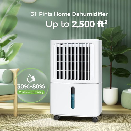 MAX 34 Pint Dehumidifier - 2,500 Sq. Ft. Smart Humidity Control with Drain Hose & 24HR Timer | Ideal for Basement, Bathroom & Bedroom