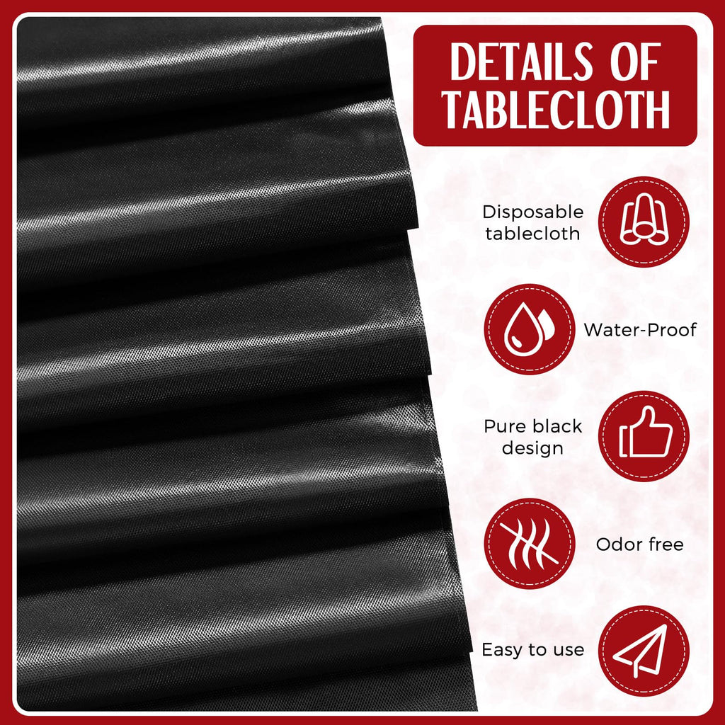 Tudomro 12 Pcs Black and Red Disposable Plastic Tablecloths and Satin Table Runner Set, 54 x 108 Inch Tablecloth, 12 x 108 Inch Table Runners for Wedding Baby Shower Birthday Party