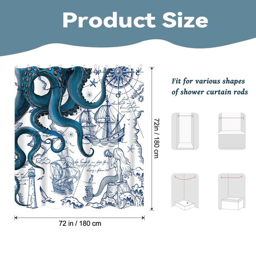 Hopomoon Blue Nautical Octopus Shower Curtain,Navy Blue Octopus and Mermaid Funny Ocean Kraken Waterproof and Moisture-Proof Bath Curtain Summer Decor with 12 Hooks 72 x 72 inch