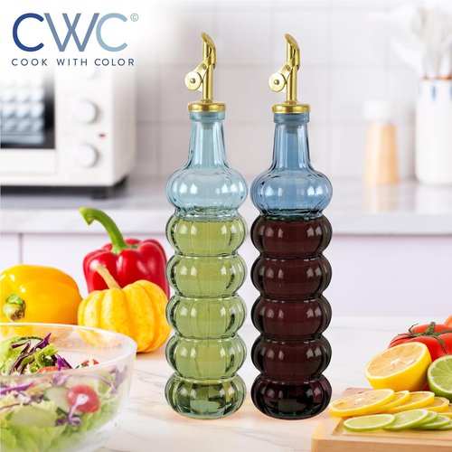 COOK WITH COLOR Glass Olive Oil Bottle Dispenser - 17oz Cruet Set for Oil & Vinegar - Elegant Blue Waves
