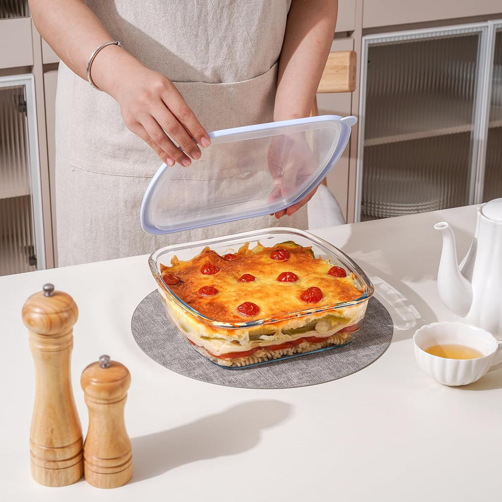 NUTRIUPS Glass Baking Dish - BPA-Free Lid, Square Casserole Pan for Oven & Dishwasher | 2.6L, Blue