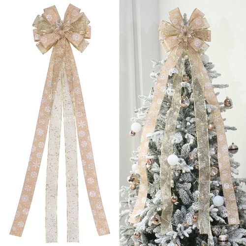 YINGQIWISH Christmas Tree Topper, Bow Large Christmas Bow Tree Topper, for Xmas Ornament Holiday Home Wedding Thanksgiving Indoor/Outdoor Decoration (Gold)