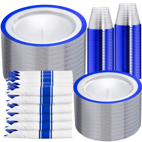 I00000 350 Pcs Dark Blue Plastic Plates,Clear Disposable Plates for 50 Guests,Blue Dinnerware Include 50 Dinner Plate 50 Dessert Plate,50 Cups,50 Pre Rolled Napkins with Cutlery Set for Party,Wedding