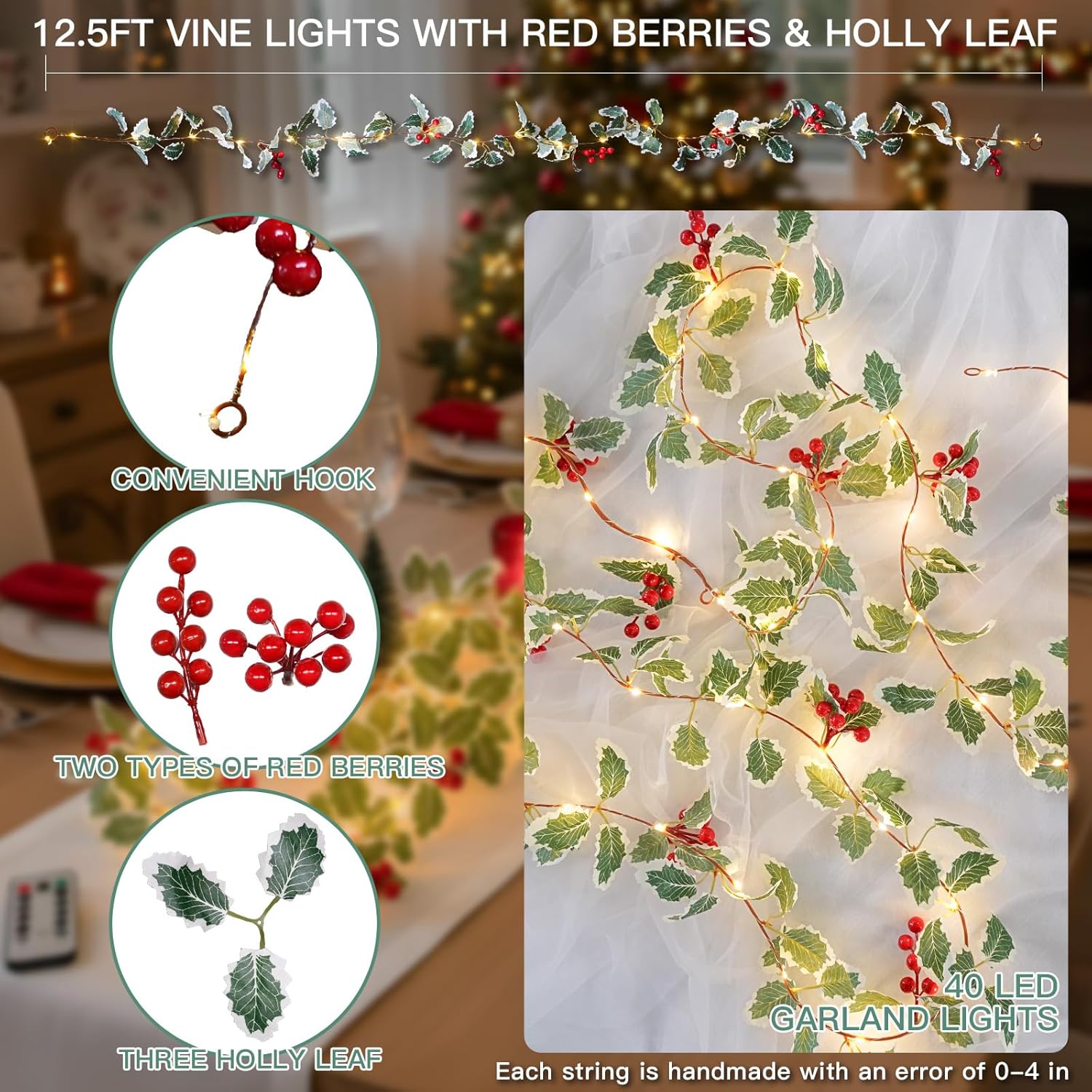 Suddus 40 LED Christmas Fairy Lights - Battery Powered 12.5ft Vine String Lights with Red Berries & Holly Leaf | Perfect for Holiday Decor