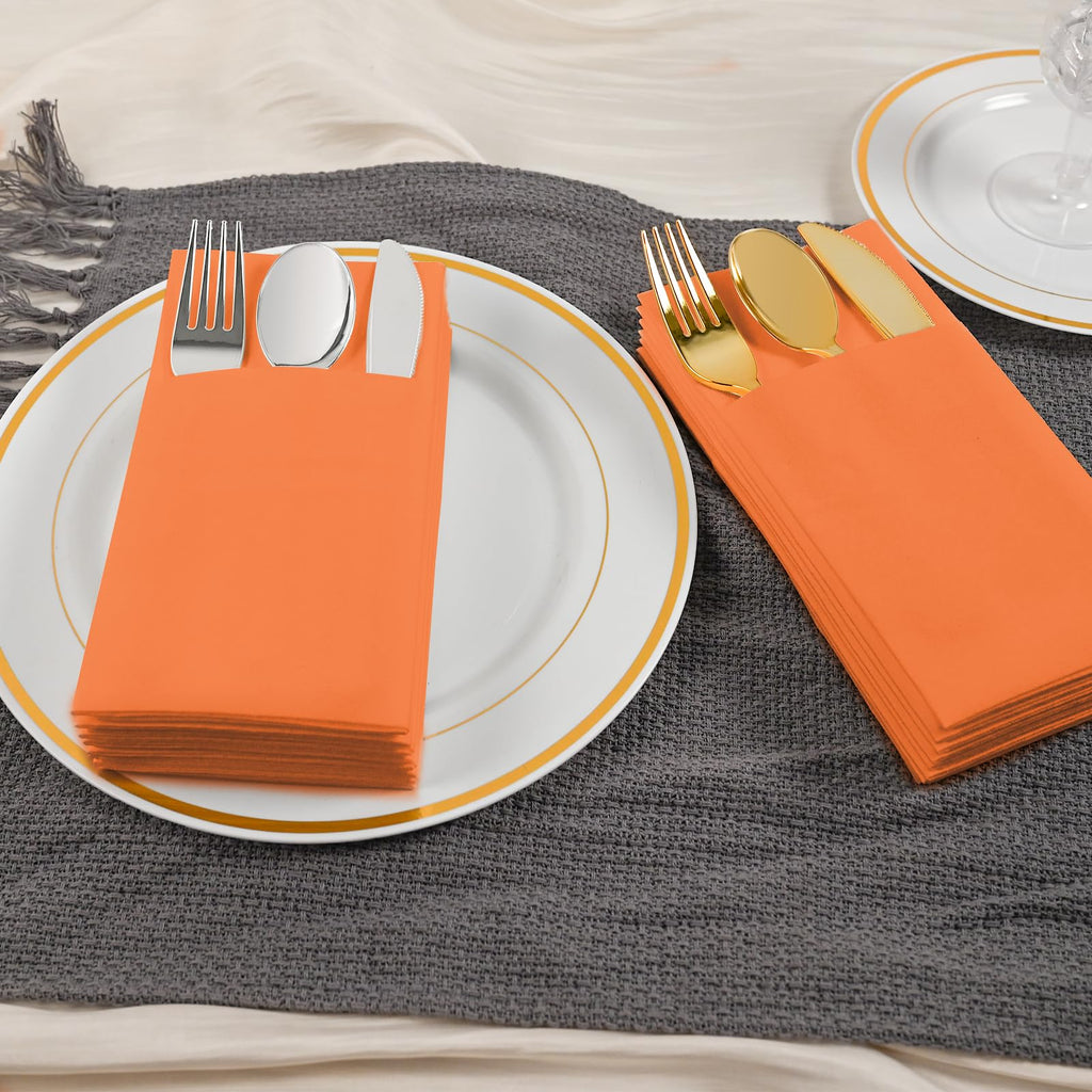 Orange Dinner Napkins Disposable - 50Pack Linen-Feel Paper Napkins with Built-in Flatware Pocket, Prefolded Cloth Like Paper Napkins Bulk For Dinner, Wedding, Party or Everyday Use(Orange)
