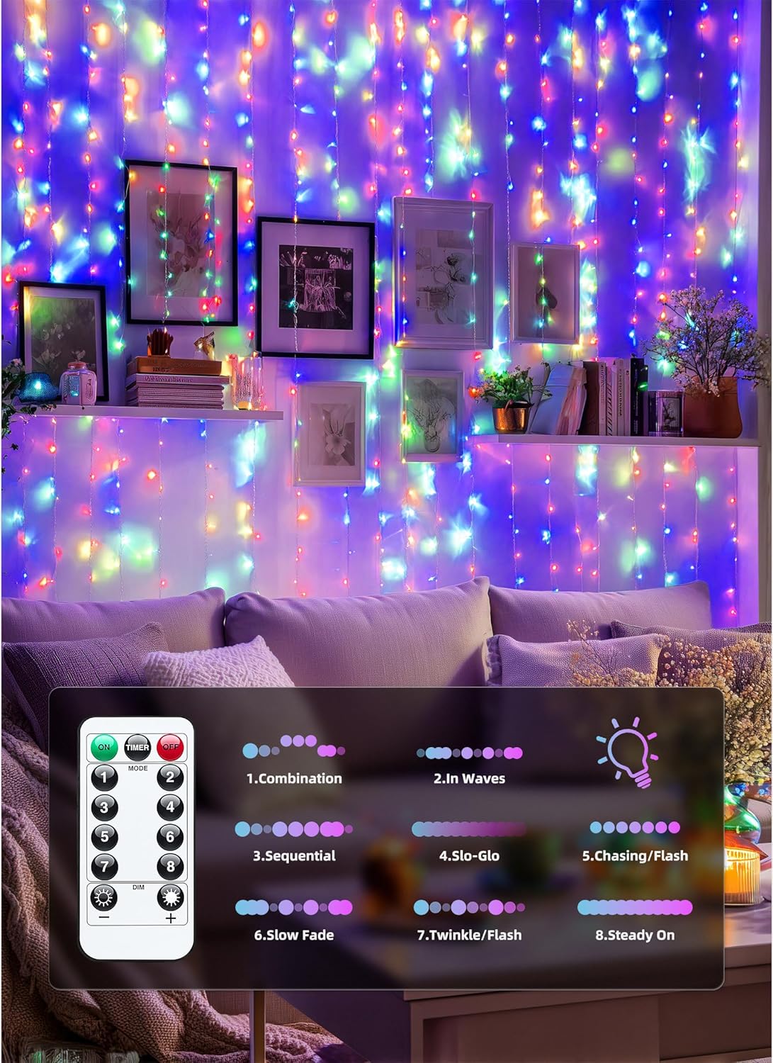 Brightown 300 LED Fairy Curtain Lights - USB Plug with 8 Lighting Modes | Multicolor Indoor Decor for Weddings & Bedrooms