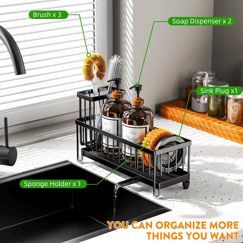 Cisily Sponge Holder for Kitchen Sink, Sink Caddy Organizer with High Brush Holder, Kitchen Countertop Organizers and Storage Essentials, Rustproof 304 Stainless Steel (Black, 10.62″)
