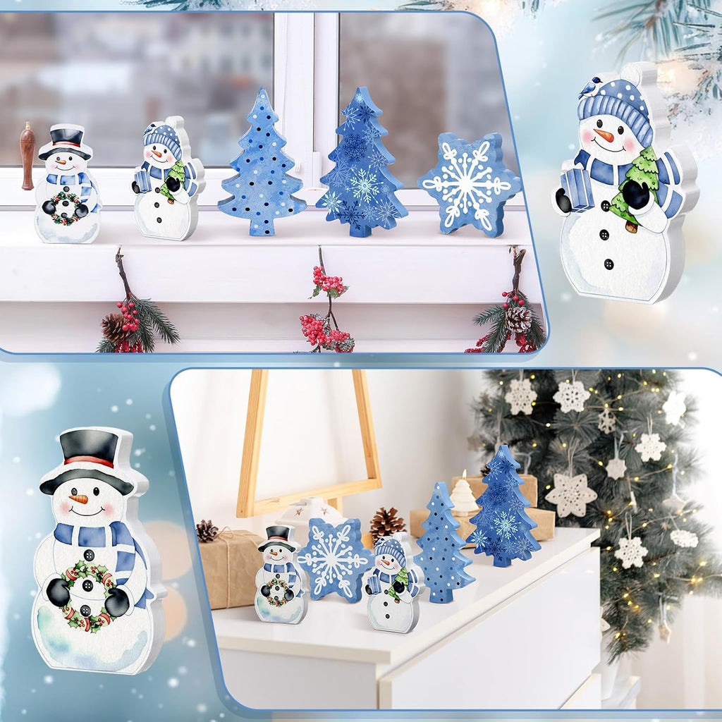 Threehoney Winter Snowman Decor - 5 Pcs Cute Blue Snowflake Table Centerpieces for Home & Office