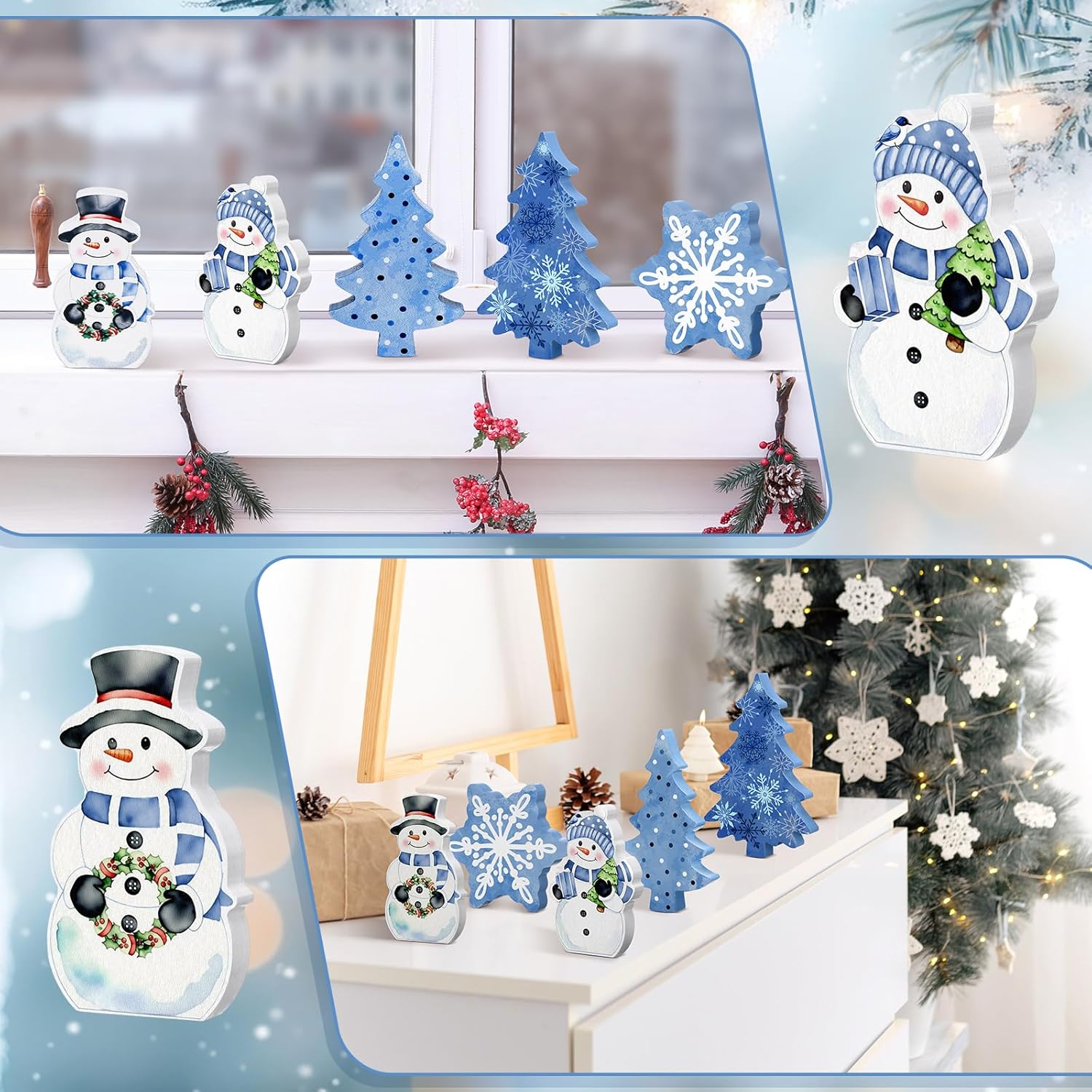 Threehoney Winter Snowman Decor - 5 Pcs Cute Blue Snowflake Table Centerpieces for Home & Office