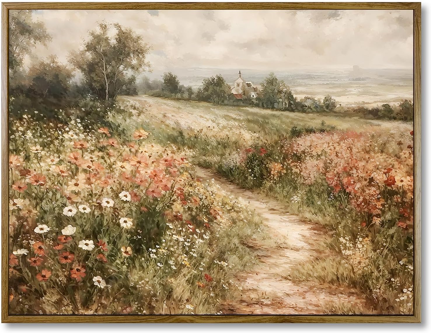 Skiennix Framed Canvas Wall Art - Vintage Wildflower Field Painting for Living Room & Bedroom Decor