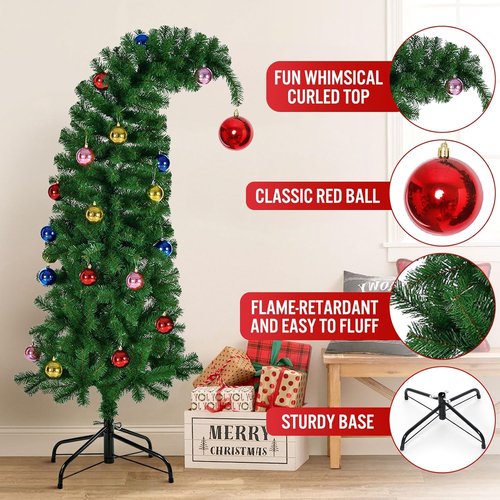 Hatisan 6FT Artificial Christmas Tree - Bent Green Design with Ball Ornaments & Metal Base for Holiday Decor