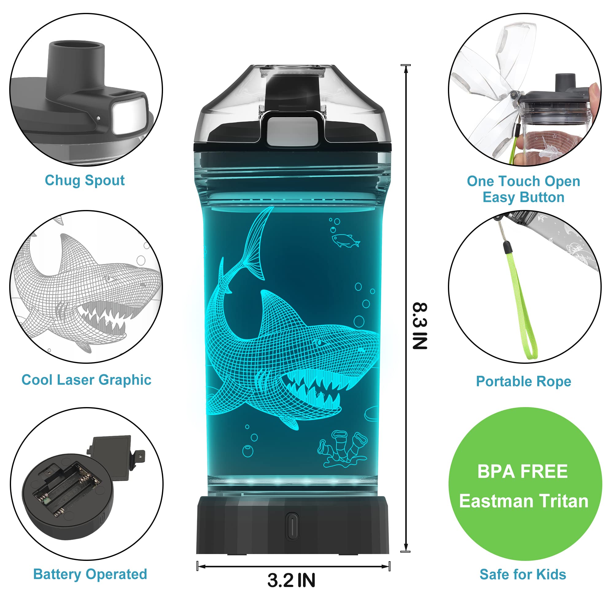 Lightzz Kids Shark Water Bottle, Glow in the Dark, 14 oz