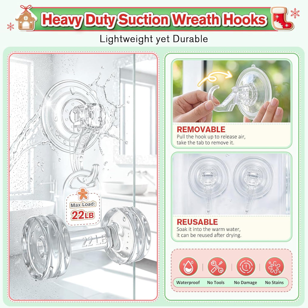 VIS'V Wreath Hanger - Heavy Duty Suction Cup Hooks | 22 LB Capacity, Clear, 6 Pack, Removable & Reusable