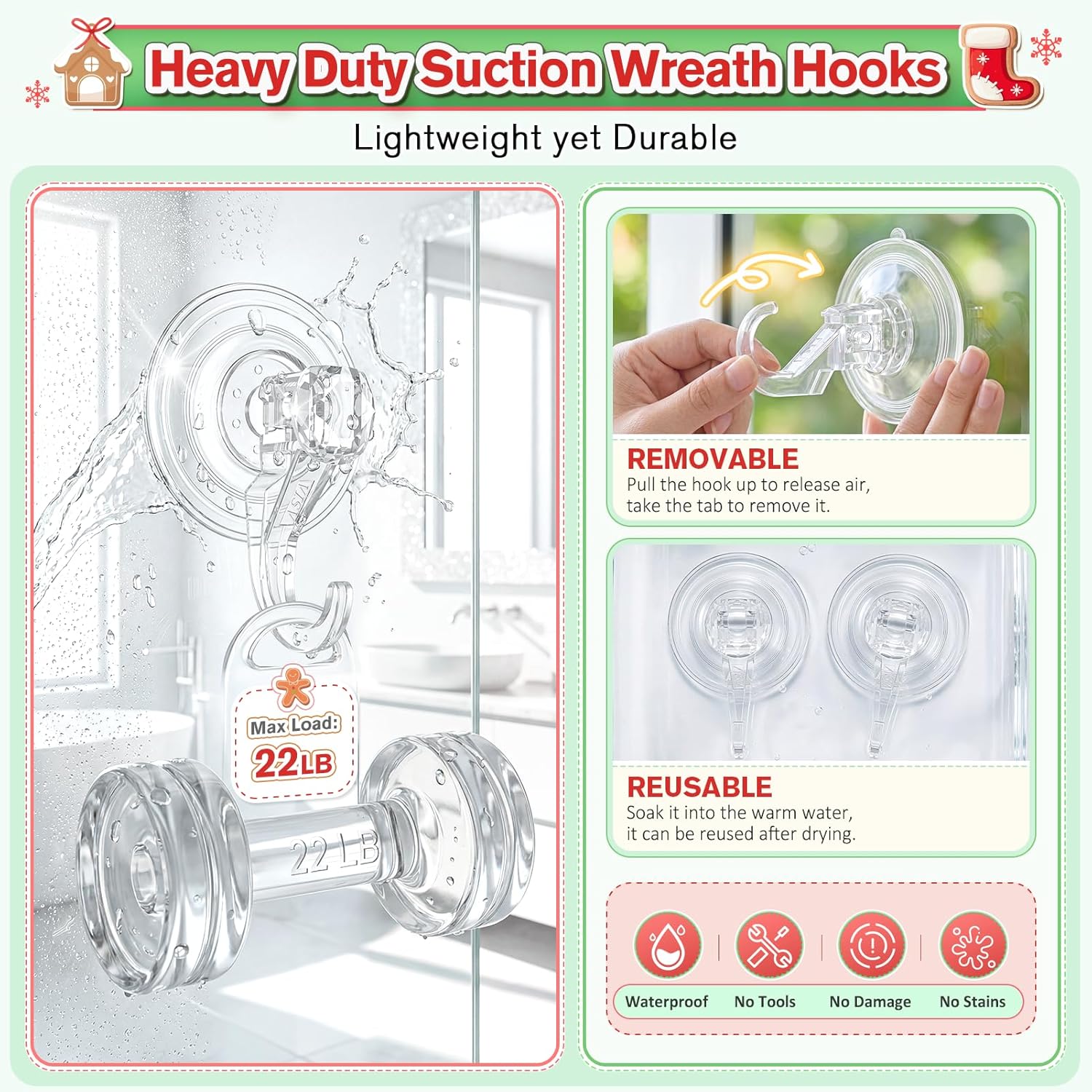 VIS'V Wreath Hanger - Heavy Duty Suction Cup Hooks | 22 LB Capacity, Clear, 4 Pack, Removable & Reusable