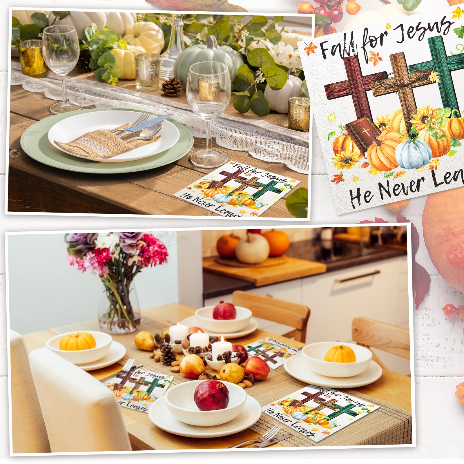 Janlaugh 60 Pcs Fall Paper Napkins Fall for Jesus He Never Leaves Napkin Disposable Autumn Pumpkin Cross Guest Napkins Religious Vintage Dinner Napkin for Autumn Thanksgiving Party Supplies