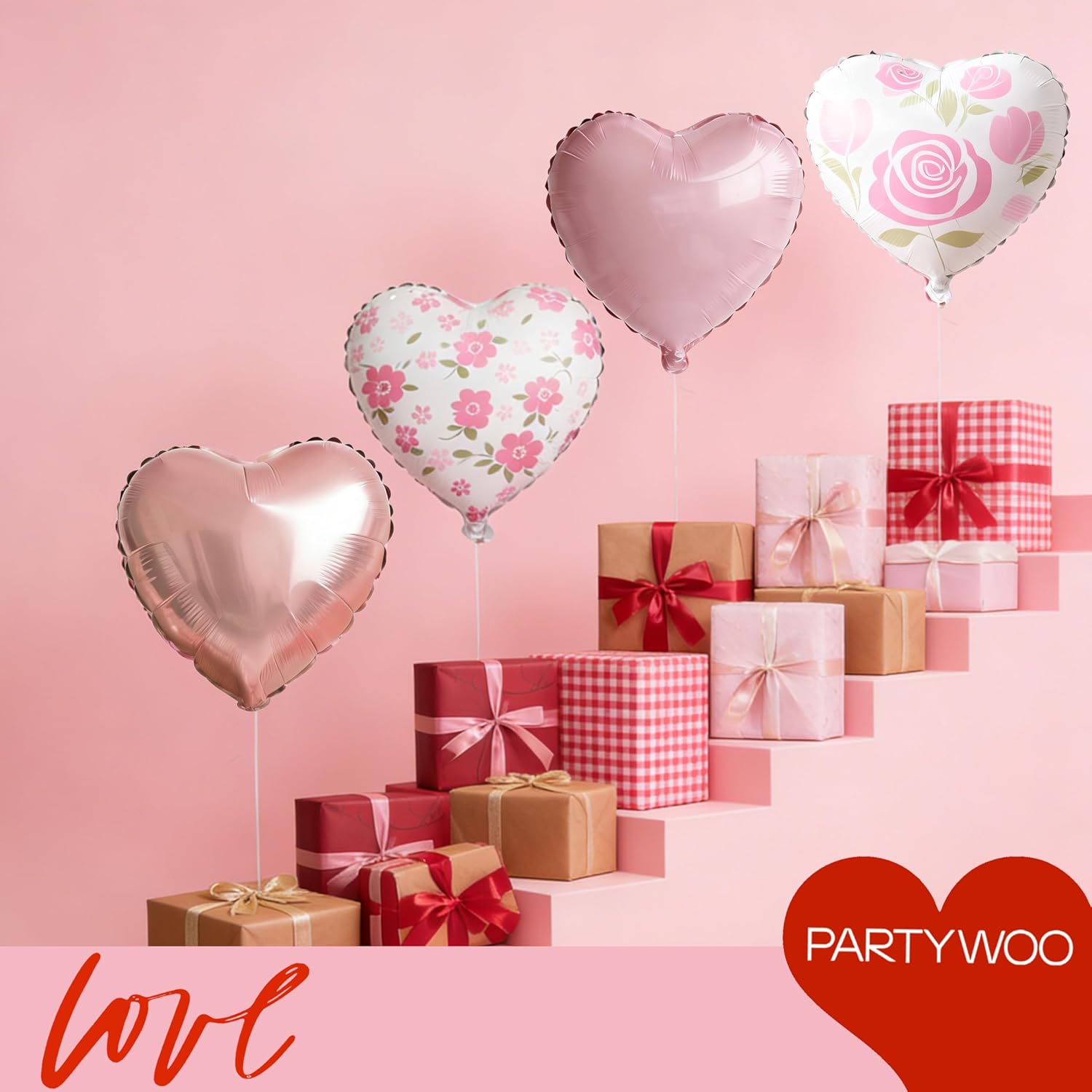 PartyWoo Pink Balloons - 127 Pcs in Various Sizes & 15 Pcs Heart Foil for Valentine's Day Decor