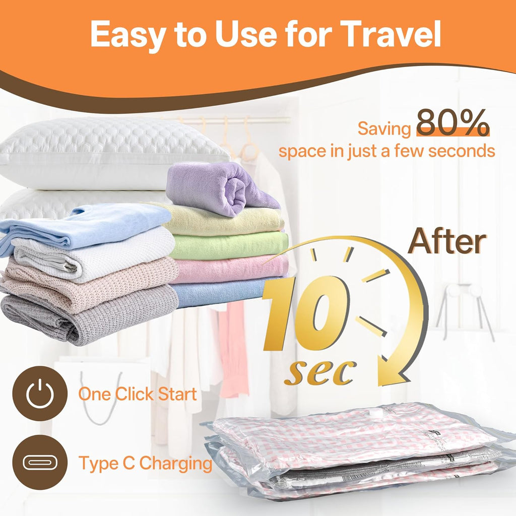 Skiennix Vacuum Storage Bags - 15 Pack with Rechargeable Cordless Pump for Travel & Home Organization