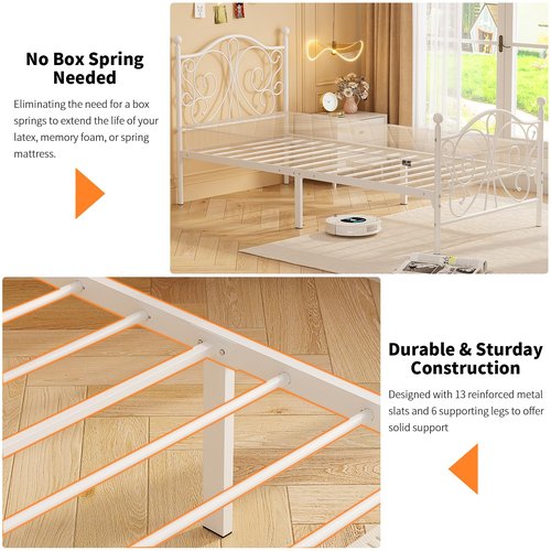 Merronix Twin Bed Frames with Butterfly Pattern Headboard and Footboard，Twin Size Bed Easy Assembly No Box Spring Needed Heavy Duty Metal Platform, White