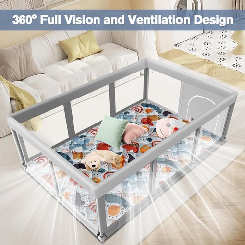 Large Baby Playpen - Sturdy Safety Play Yard with Soft Mesh & Anti-Slip Base | 74" x 50" Mat Included