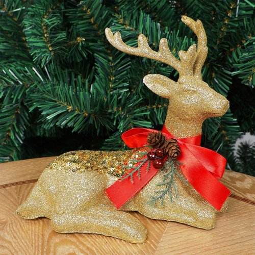 Juegoal Glitter Golden Reindeer Figurines - Set of 2 Christmas Tabletop Decorations | 12.6" Xmas Ornaments
