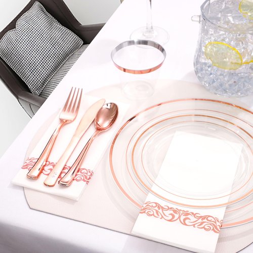 DaYammi 350Pcs Rose Gold Dinnerware Set Include: 50 Dinner Plates 10.25’’,50 Dessert Plates 7.5’’,50 Rose Gold Cutlery,50 Disposable Cups 9 OZ with 50 Napkins for Party