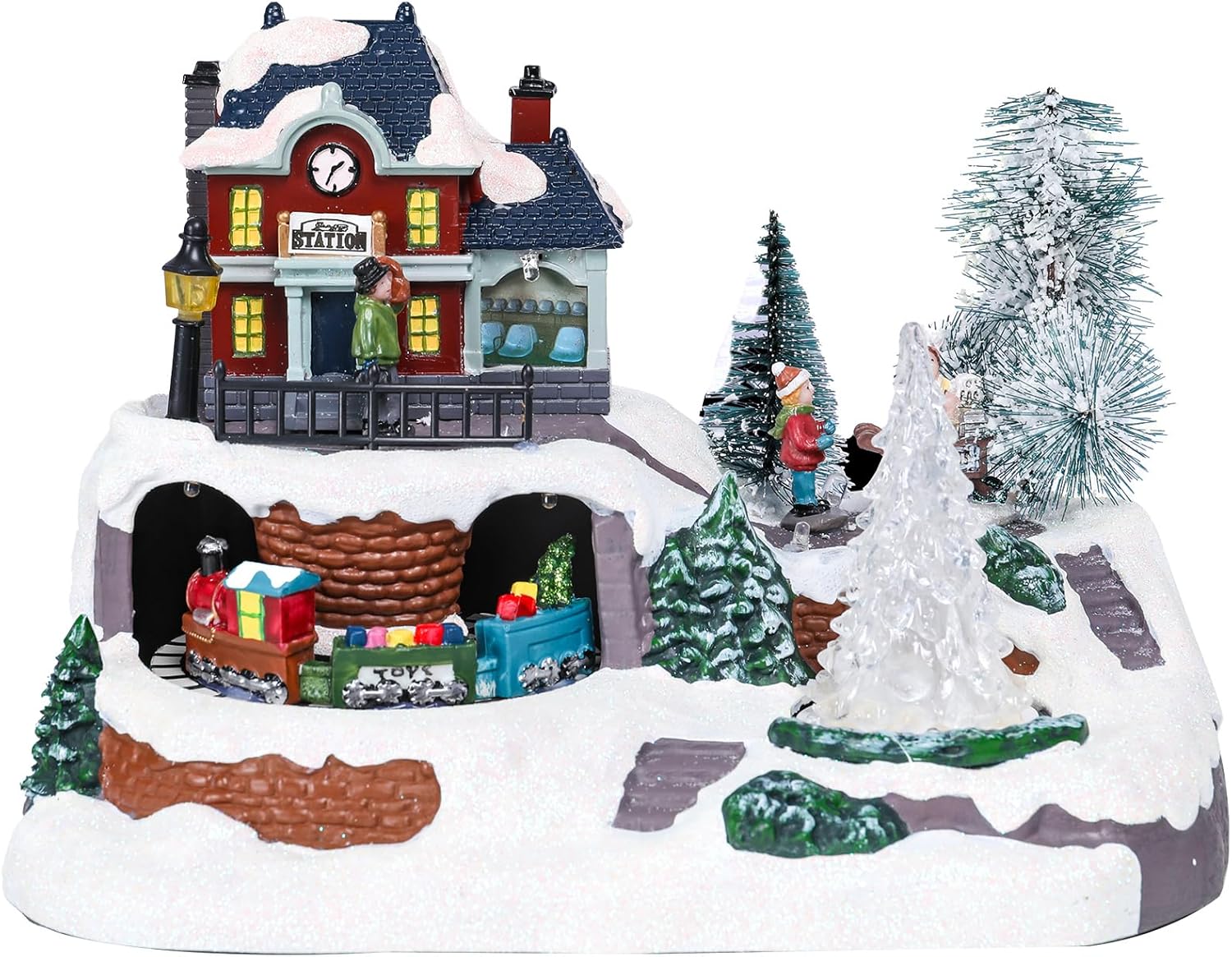 Wonder Garden Christmas Village Houses - Lighted Musical Railway Station with Moving Train & Animated Figurines for Indoor Decor