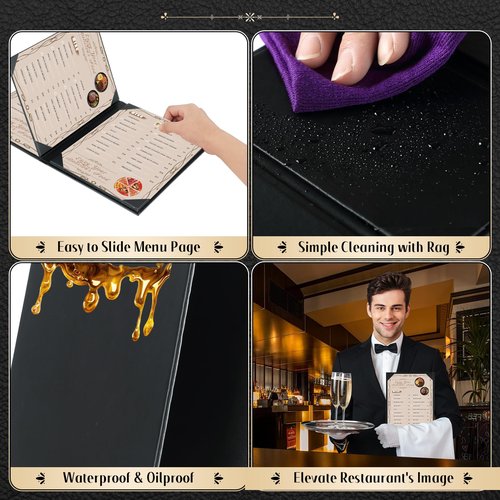 FLKQC Restaurant Menu Covers Holders 8.5" X 11" | Pack of 10 Synthetic Leather 4 View Menu Holder Covers Book Style with Angled Corners Black for Wine List (10, 4 View (8.5" x 11"))