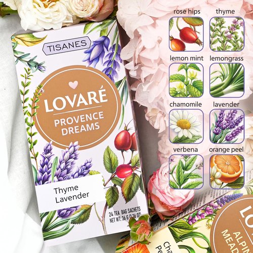 LOVARE Tisanes Provence Dreams Herbal & Fruit Tea Bags with Lavender, Rosehip Lemongrass Lemon Mint Thyme Chamomile Orange Peel Lemon Verbena, Caffeine-Free, 24 Count (1.5 g Each), 36 g, Made in Ukraine (PROVENCE DREAMS)