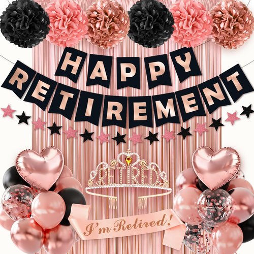 Retirement Party Decorations, 44Pcs Rose Gold Retirement Decorations for Women Include Happy Retirements Banner Retired Sash Crown Fringe Curtain & Foil Balloons for Women Retirements Decorations