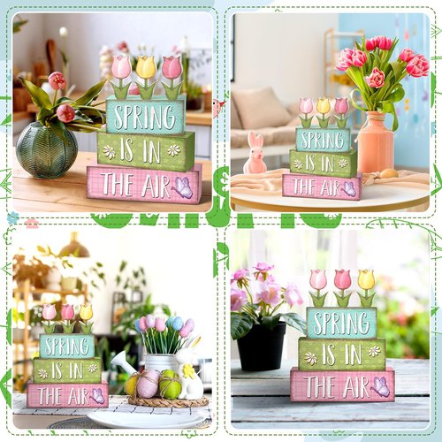 Marsui 4 Pcs Spring Table Decorations Tulip Flower Wooden Block Signs Pastel Tulip Tabletop Centerpieces Farmhouse Distressed Easter Spring Decor for Home Table Kitchen Shelf Tiered Tray Decor