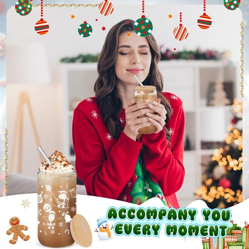 Acellegic 24 Pack Winter Glass Cups Gifts 16 oz Snowflake Glass Tumblers with Lids Straws Brushes Winter Christmas Coffee Cups for Women Men Employee Coworkers Holiday Party Favors (Fresh Style)