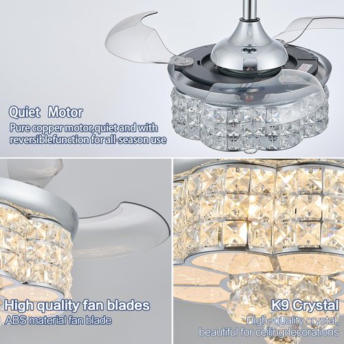 Zynfandor 30" RGB Crystal Retractable Ceiling Fan with Light Dimmable LED Chandelier, Remote & App Control, 6-Speed Timer, Memory Function for Bedroom Living Room,Silver