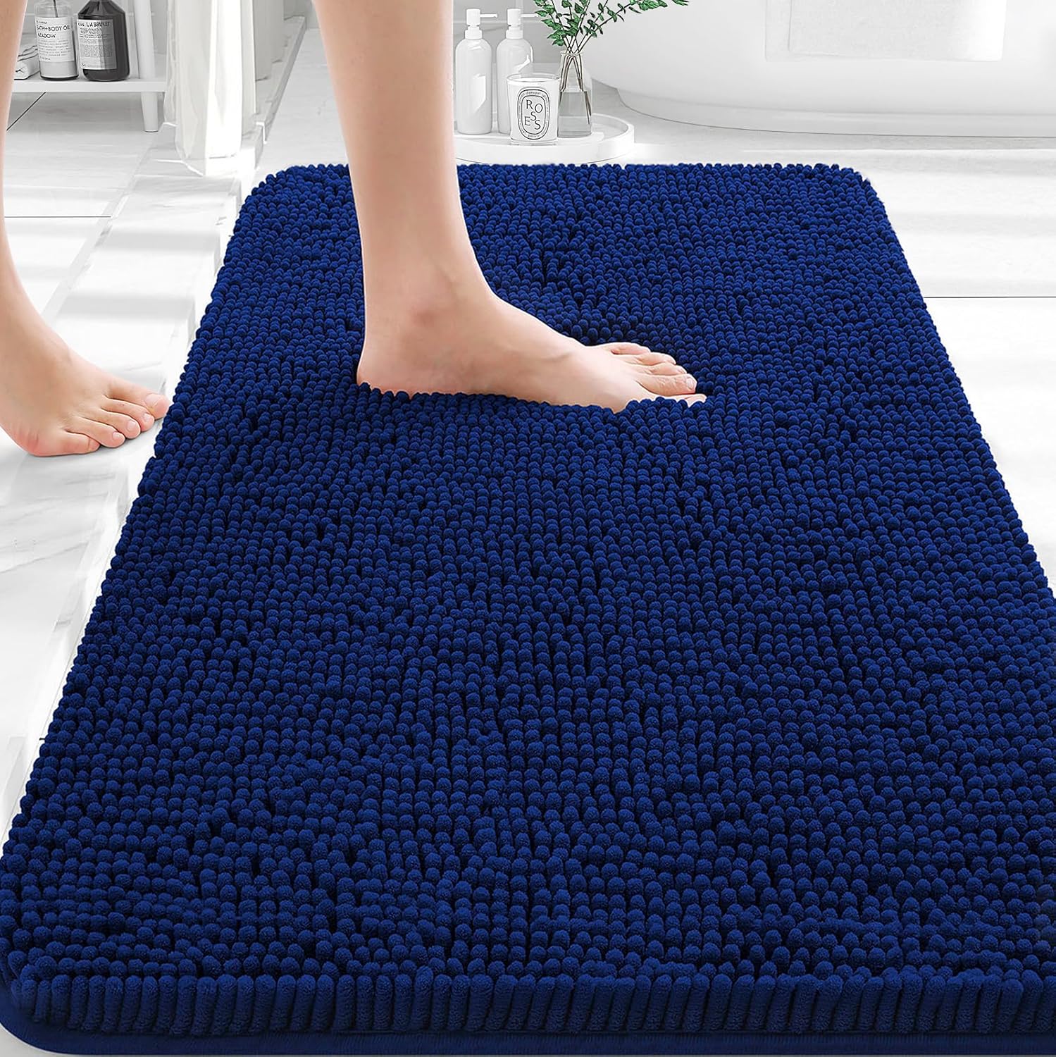 OLANLY Bathroom Rugs - Extra Soft Chenille Bath Mats with Rubber Backing | Quick Dry, Machine Washable, Navy 30x18
