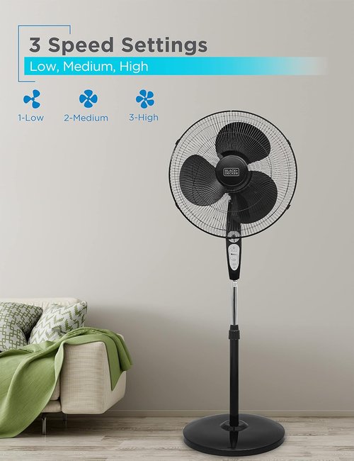 BLACK+DECKER 18-Inch Adjustable Stand Fan - Remote Control, 90-Degree Oscillation, 3 Speeds, Black