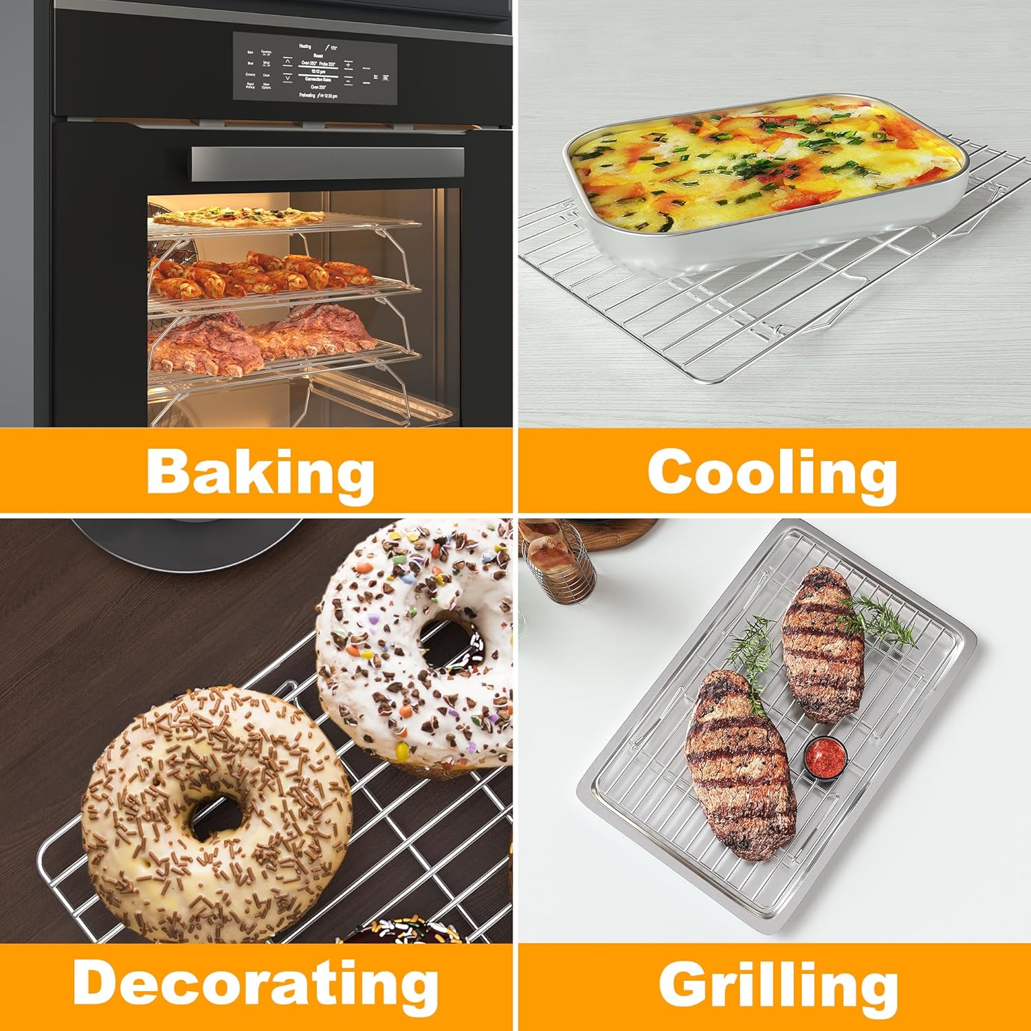 Skiennix 3-Tier Stackable Cooling Rack - Heavy Duty Baking Rack for Cookies, Pizza, Cakes | 15.8” x 10” - Oven & Dishwasher Safe - Silver