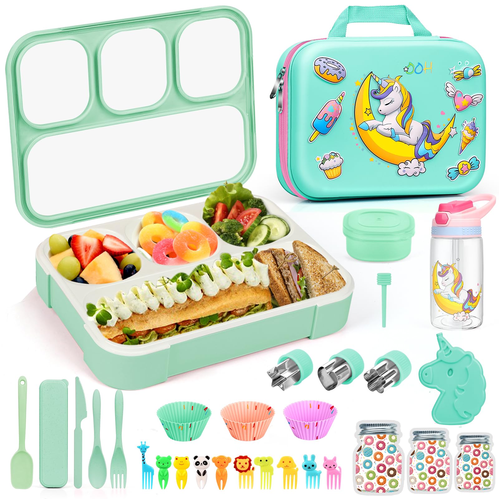 30Pcs Bento Box for Girls,Insulated Unique Lunch Bag Set 4 Compartments Lunch Box with Accessories Ice Pack Water Bottle Silicon Cap Spoon Fork Salad Container for Lunch Kids School Supplie,Green