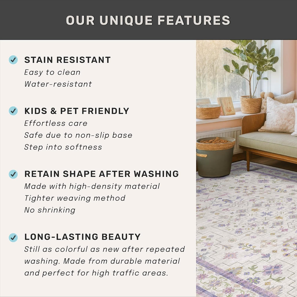 Skiennix Light Purple Area Rug - Non-Slip, Washable Design for Girls' Bedroom | 5x7 Size, Lavender & Cream with Green Accents