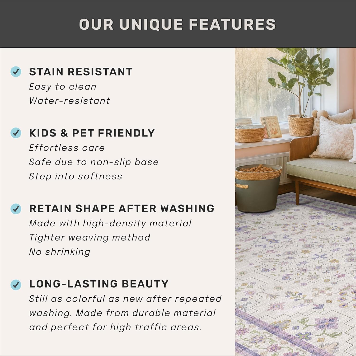 Skiennix Light Purple Area Rug - Non-Slip, Washable Design for Girls' Bedroom | 5x7 Size, Lavender & Cream with Green Accents
