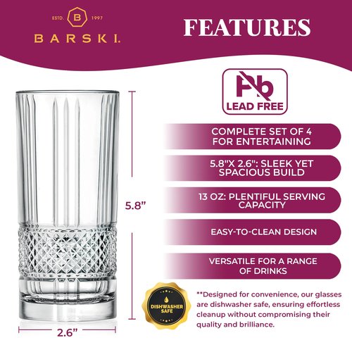 Barski Highball Glass - Drinking Glasses - Set of 4 - Hiball Tumblers - Glass Crystal Tumbler - for Water, Juice, Beer, Mixed Cocktails, Mojito Glass, Tom Collins Bar Glassware, 13 oz, Made in Europe