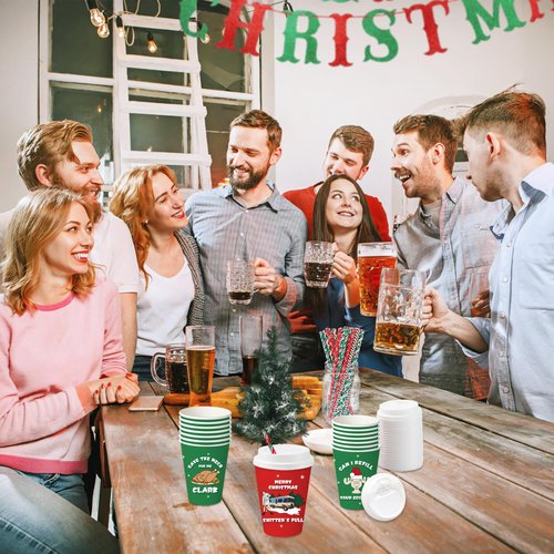Arsemica Christmas Vacation Merch Party Supplies, 48 Pack Holiday Paper Cups with Lids and Straws, 12 oz Xmas Disposable Cups Table Decor, Funny Holiday Party Cups for Coffee Hot Chocolate Cocoa Tea