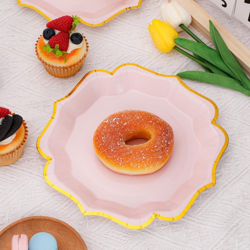 Growswally 50 Pieces Light Pink Paper Plates with Gold Foil 7 Inch Pink Scalloped Plates Disposable Dinner Plates for Birthday Weddings Baby Shower