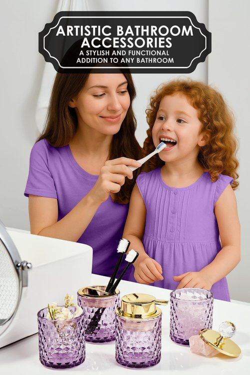 Purple Bathroom Accessories, 4Pcs Purple Bathroom Accessory Set Complete, Toothbrush Holder Set, Soap Dispenser, Qtip Holder, Tumbler, Perfect for Bathroom Decor and Vanity