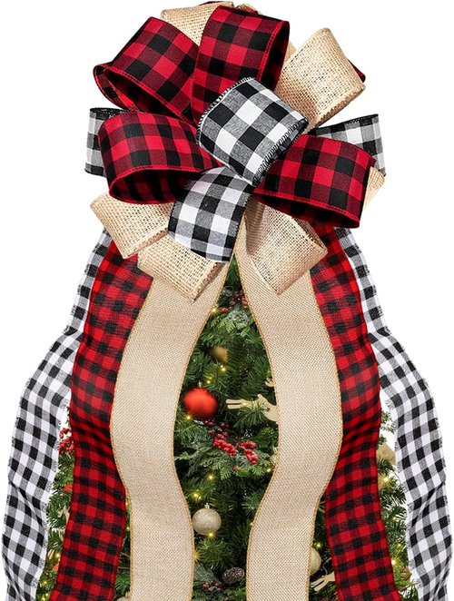 Buffalo Plaid Christmas Tree Topper by [Brand Name] - Handmade Red & Black Burlap Bow | 13 x 29 Inch Holiday Decoration