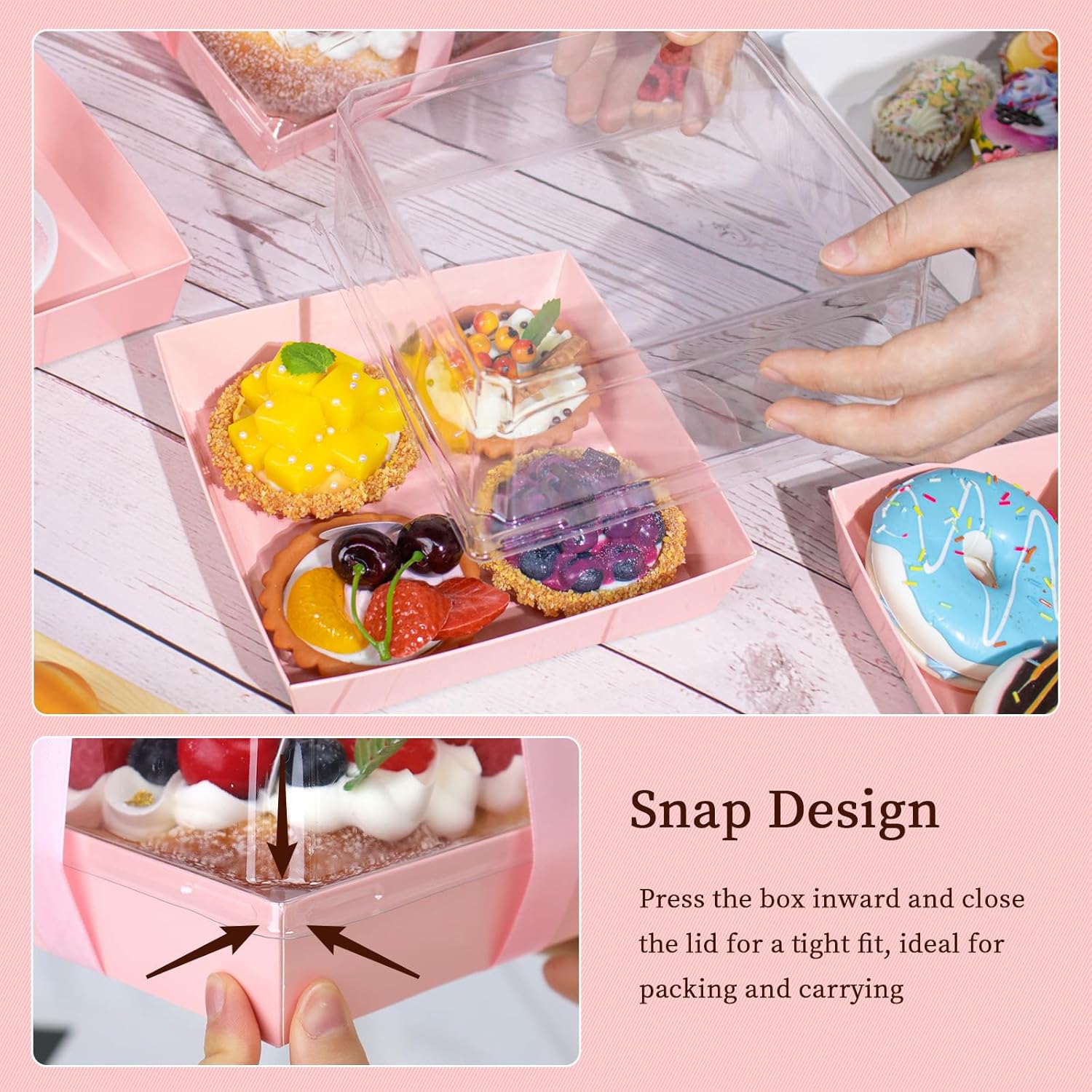 Regine Switzerland Paper Cake Boxes - 50 Pack Pink Large Charcuterie Containers | Clear Lids, 7x7x4 Inches for Desserts