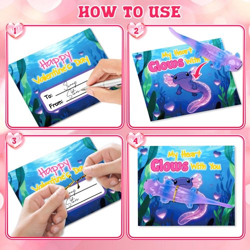 AuroTops Valentines Day Gifts for Kids,24 Pack Glow in The Dark Axolotl Toys with Valentines Day Cards for Kids School Classroom Exchange Gifts for Boys Girls Fidget Toys Bulk Kids Party Favors