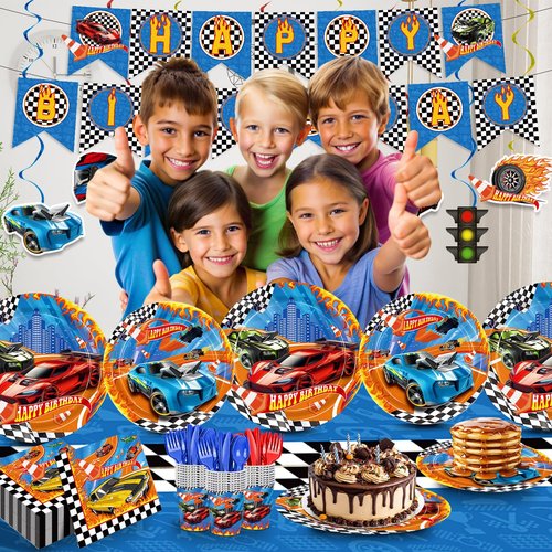 179pcs Racing Car Plates Napkins Birthday Party Decorations Disposable Tableware Set Paper Cups Banner Tablecloth Hanging Swirls Race Car Party Supplies for Kids Boys Birthday Decor 24 Guests