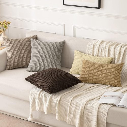 MIULEE Euro Sham Pillow Covers - Soft Boho Striped Corduroy | Set of 2, 24x24 Inch, Light Brown Home Decor