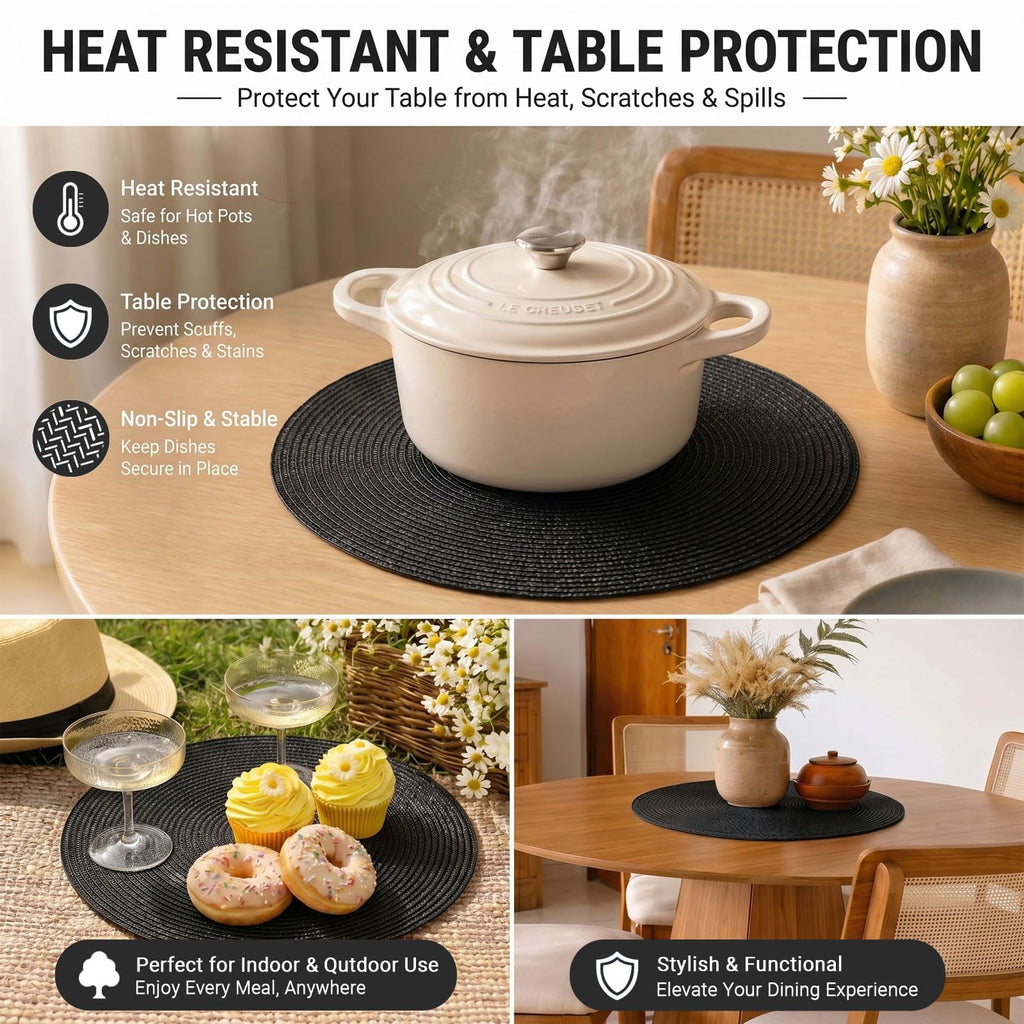 FunWheat Round Braided Placemats Set of 4 Table Mats for Dining Tables Woven Washable Non-Slip Place mats 15inch (Black, 4pcs)