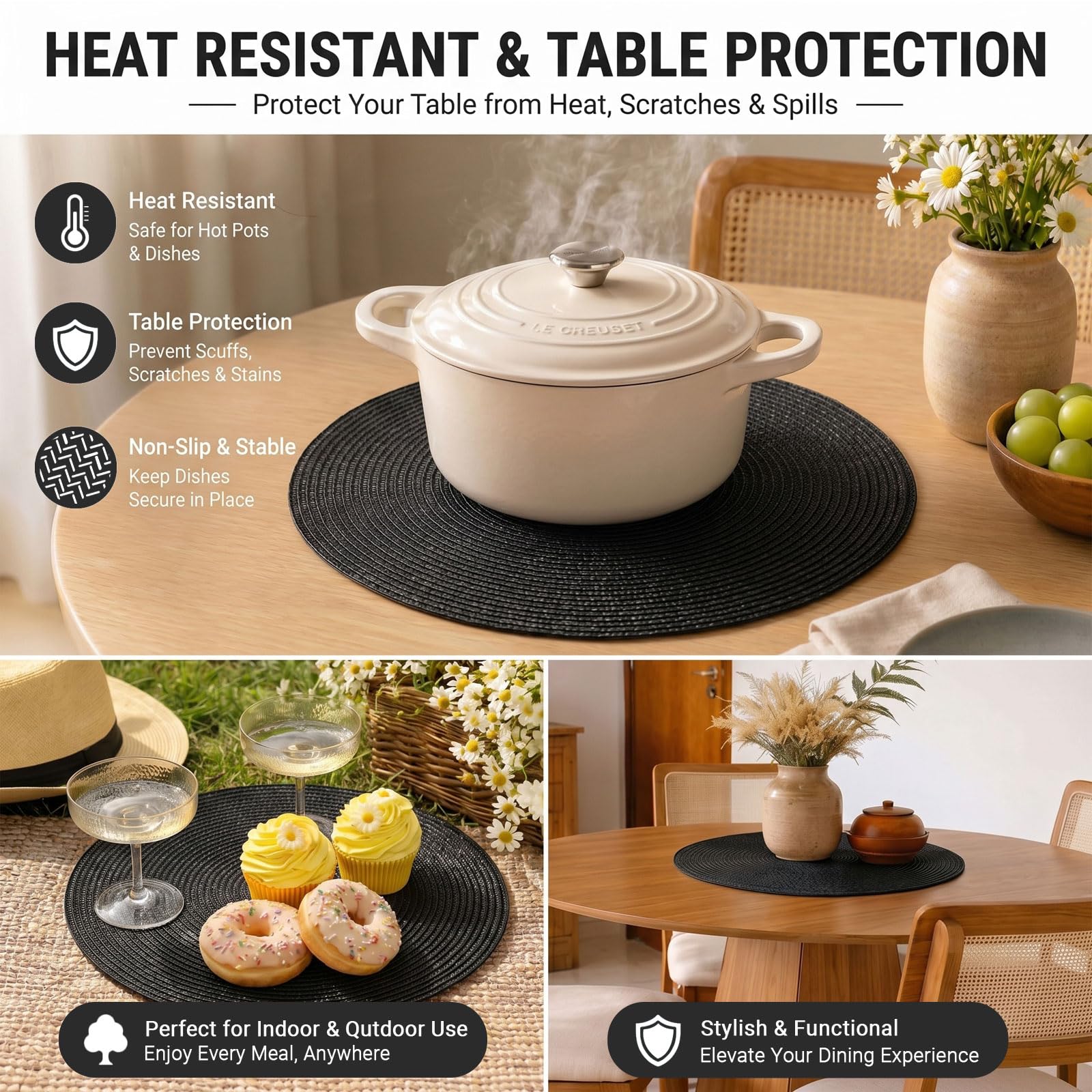 FunWheat Round Braided Placemats Set of 4 Table Mats for Dining Tables Woven Washable Non-Slip Place mats 15inch (Black, 4pcs)