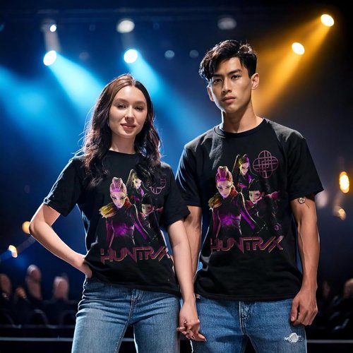 Huntrix Kpop Demon Hunters T-Shirt - Stronger Together Black Crew Neck Short Sleeve